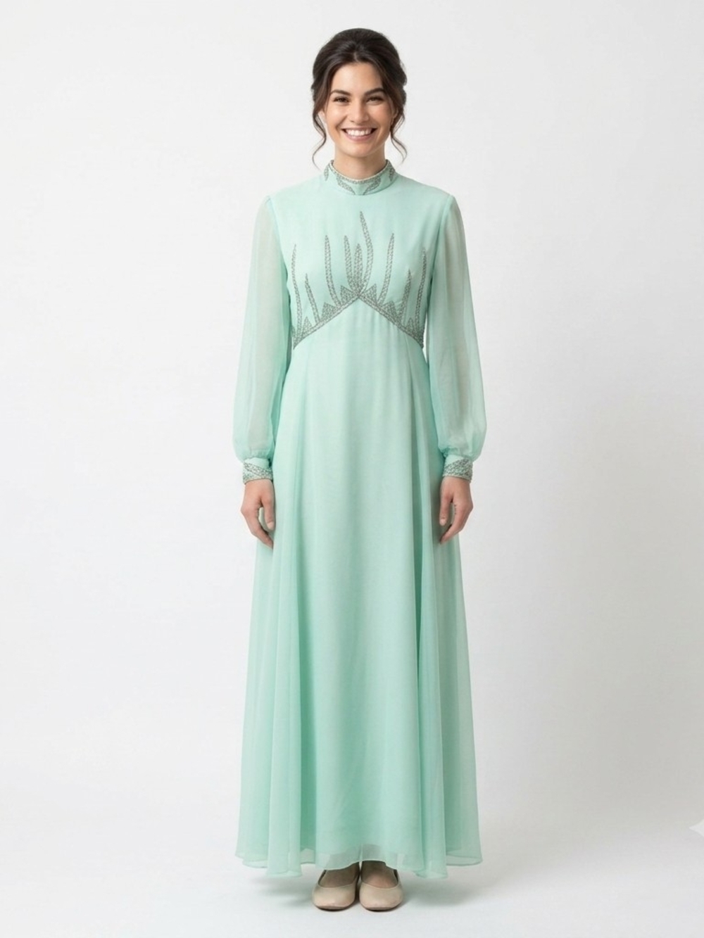 VTG 70s Elgin Mint Green Beaded Chiffon Maxi Dress Mock Neck Gown L XL